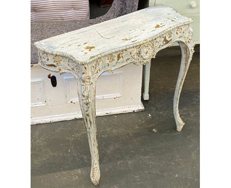 A painted, originally gilt, continental console table, with carved apron and carved cabriole legs, 83cmW 73cmH