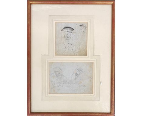 A late 19th century pencil sketch of two gentlemen playing chess, 13x18.5cm, framed together with a pen and ink sketch of two