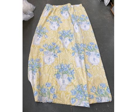 Two pairs of heavy lined and interlined curtains, yellow ground with blue tulips in vases pattern, approx. 250cm drop, 47cm w