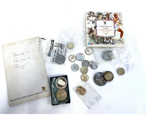 COINS AND STAMPS etc. A small group. Commemoratives. £2/£5 coins, crowns, 1922 (silver?) Liberty Peace Dollar. A white-metal 