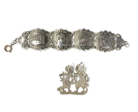 A white metal souvenir panel bracelet, stamped Silver 900, depicting Greece, Hermes, Delphi etc, 41g gross weight; together w