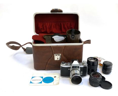 A Practika IV FB film camera in carry case, with Pentacon auto 2.8/29 lens; Vivitar 135mm 1:2.8  auto telephoto lens no. 2873
