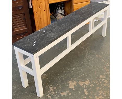 A long low white painted console table with slate top, 178cmW, 63cmH