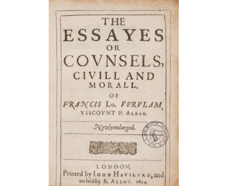 Bacon (Sir Francis) The Essayes or Counsels, Civill and Morall, of Francis Lo. Verulam, second edition, woodcut head-pieces a