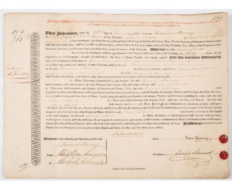 Alliance British and Foreign Life and Fire Assurance Company.- Indenture, Francis Baring sale of shares to Louis Lucas, print