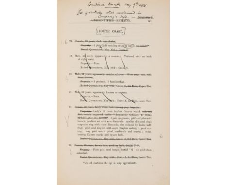 Sinking of the Lusitania.- R.M.S. "Lusitania" from New York, May 1st 1915. Record of Passengers &amp; Crew, final section (16