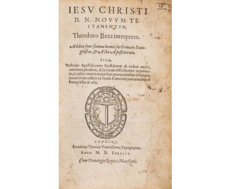 Bible, Latin. Iesu Christi D. N. Novum Testamentum, Theodoro Beza interprete, woodcut device on title, final privilege f., en
