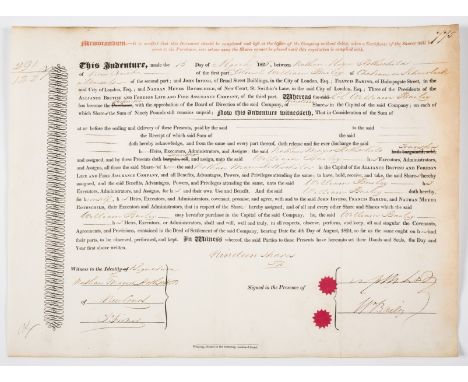 Alliance British and Foreign Life and Fire Assurance Company.- Indenture, Nathaniel Mayer Rothschild sale of shares to  Colon