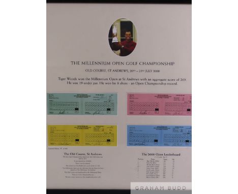 A Tiger Woods print display from The Millennium Open Golf Championship, 20th - 23rd July 2000, featuring a print of four scor
