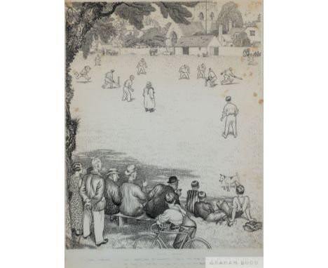 Leslie Illingworth (1902-79) 'Village Cricket' drawing,&nbsp; featuring a village cricket match with assembled crowd, with ti