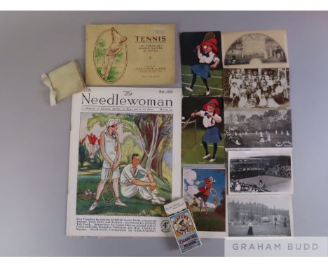 Collection of tennis memorabilia,
comprising five Victorian tennis photographs, including a group from Near Weybridge 26th Ju