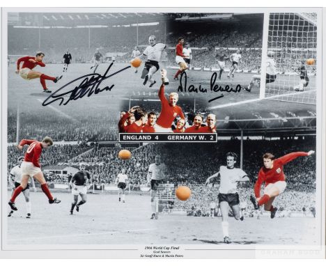 1966 World Cup photographic print signed by the England goal scorers Geoff Hurst and Martin Peters,
part-colourised montage o