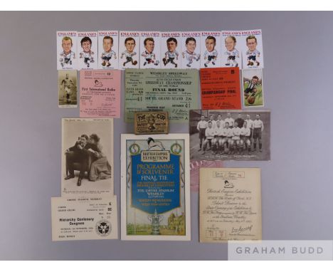 Miscellaneous collection of postcards, photographs and player profile cards featuring England players and stadiums,
also incl