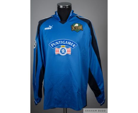 Josef Schicklgruber blue SK Sturm Gratz goalkeeper shirt from the Champions League 2000-01 campaign game v Manchester United 