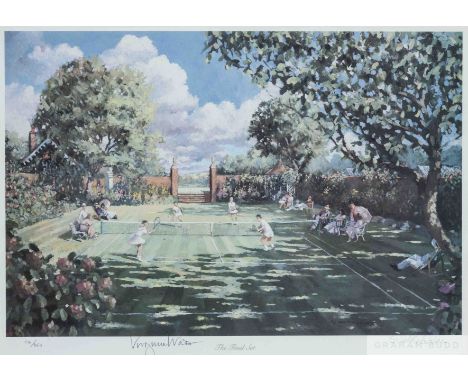 Collection of tennis related framed prints,
including "Lawn Tennis trials of the umpire at a ladies' double" coloured print; 