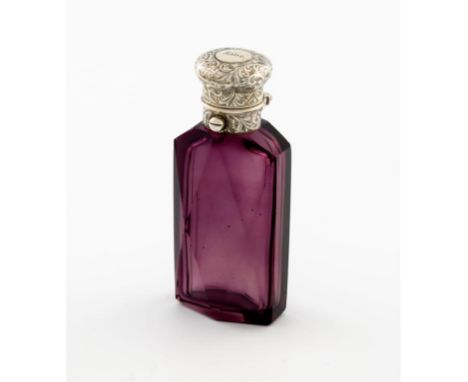 A Victorian silver-mounted amethyst glass scent bottle,  by S. Mordan and Co, London, faceted shaped rectangular body, the pu