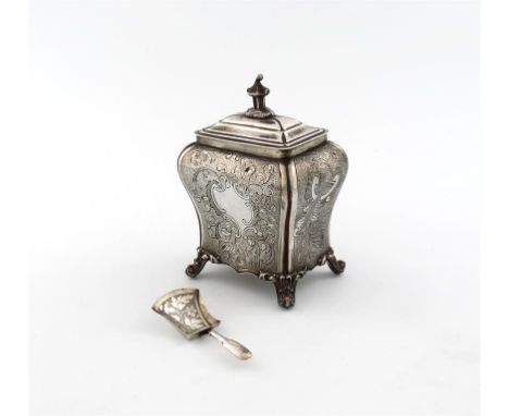 A George III Old Sheffield plated tea caddy, unmarked, circa 1770, rectangular bombe form, chased foliate scroll and shell de
