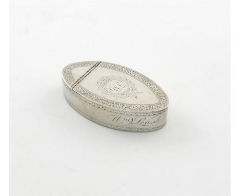 A George III Scottish provincial silver snuff box, by William Jamieson, Aberdeen circa 1810, oval navette form, bright-cut fo