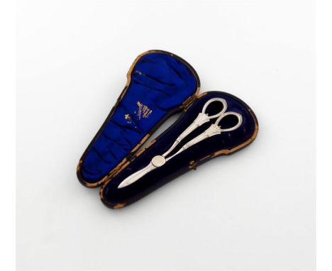 A pair of Edwardian silver Albany pattern grape scissors, by Harrison Brothers & Howson, Sheffield 1907, in a fitted case, ap