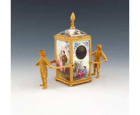 A modern gilt metal and enamel sedan chair, possibly Austrian, the sedan chain of rectangular form, decorated with figures in