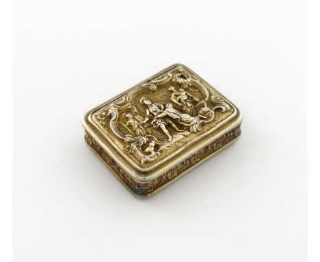 A George III silver-gilt snuff box, by John Ash, London 1809, rectangular form, the hinged cover with a cast classical scene,