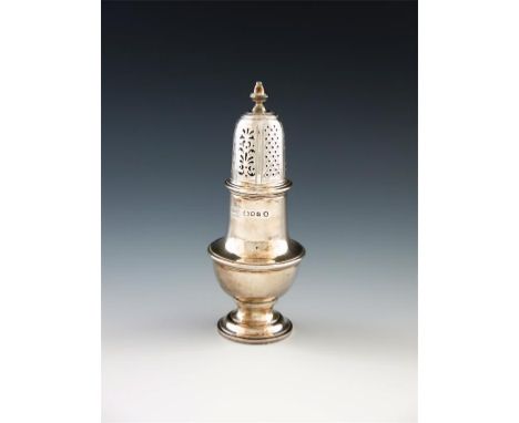 A silver sugar caster, by C.H and Co, London 1934, circular bellied form, the pierced pull-off cover with a knop finial, on a