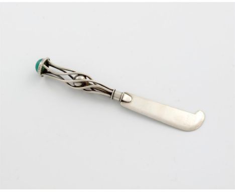 Designed by C.R.Ashbee, for The Guild of Handicraft Ltd, an Edwardian silver butter knife, London 1901, scimitar shaped blade