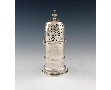 A silver sugar caster, by Jacob Greenburg, London 1931, lighthouse form, bayonet fitting pierced cover with cut-card decorati