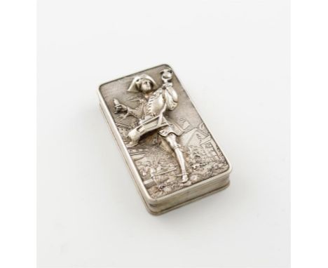 A George IV silver Pedlar snuff box, by John Linnit, London 1825, rectangular form, the hinged cover with a raised pedlar sel