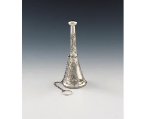 A Victorian silver posy holder, unmarked, tapering circular form, engraved foliate decoration, with a bun finial, with a Gree