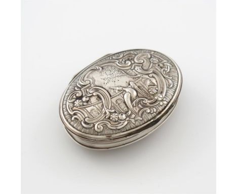 λ An 18th century silver portrait snuff box, maker's mark of I.P, circa 1760, oval form, the hinged cover embossed with birds