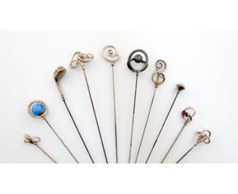 A collection of ten Charles Horner silver hat pins, Chester, various dates, including: one with a finial modelled as a golf c