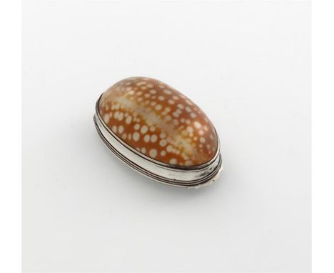 A late 18th / early 19th century silver-mounted cowrie shell snuff box, unmarked, circa 1800, plain mounts, plain cover, gild