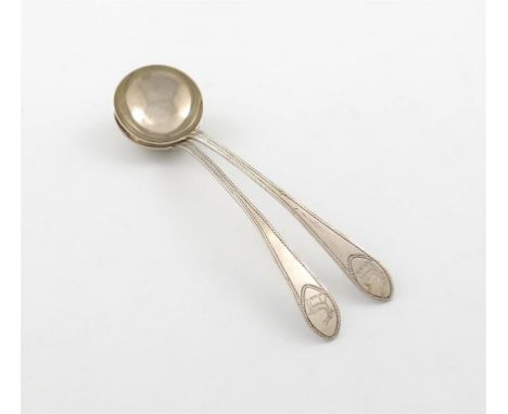 A pair of George III Scottish provincial silver Bright-cut Celtic Point pattern sauce ladles, by John Argo, Banff circa 1785,