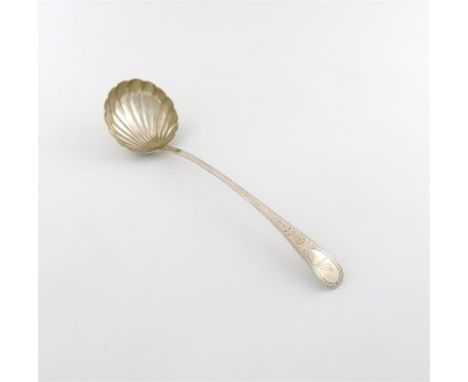 A George III silver soup ladle, by John Lambe, London 1787, circular fluted bowl, the handle with bright-cut decoration, the 