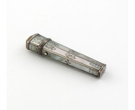 An early 18th century silver-mounted mother-of-pearl sealing wax case, unmarked, tapering faceted rectangular form, the panel