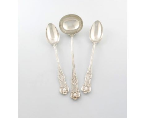 A Victorian silver Queen's pattern soup ladle and pair of basting spoons, by John Whiting, London 1857, the terminals with a 