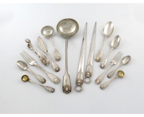 A part canteen of George IV silver Fiddle, Thread and Shell pattern flatware, by William Chawner, London 1824-28, the termina