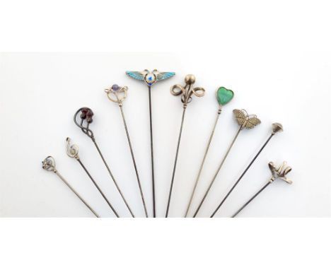 A collection of ten Charles Horner silver hat pins, Chester, various dates, including: a blue/green enamelled scarab pin with