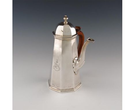 An Edwardian silver coffee pot, by Charles Stuart Harris, London 1906, tapering octagonal panelled form, domed cover with a k