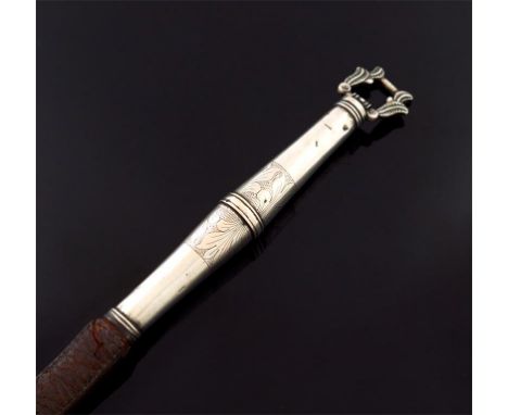 A South American silver whip handle,  unmarked, probably late 18th / early 19th century, tapering form, engraved foliate deco
