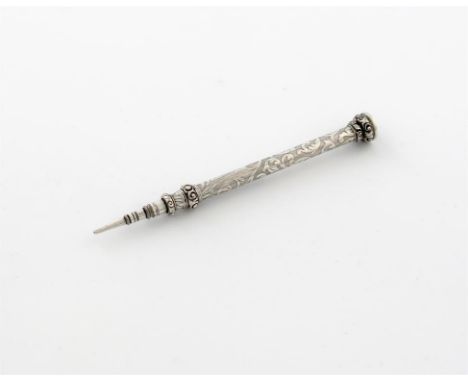 A William IV silver pencil, marked Willmore, circa 1835,  with foliate scroll decoration on a matted background, with a purpl