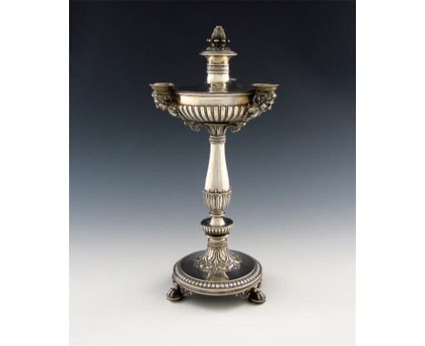 A 19th century Italian silver oil lamp, Milan 1812-1872, baluster stem, supporting a circular bowl, part-fluted decoration, w