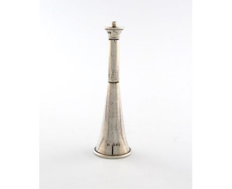 A late-Victorian novelty silver table cigar lighter, by Joseph Braham, London 1890, modelled as a hunting horn, height 12cm