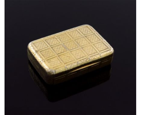 A George III silver-gilt snuff box, by William Parker, London 1800, rectangular form, engraved trellis and net decoration, pl