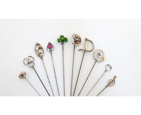 A collection of ten Charles Horner silver hat pins, Chester, various dates, including: one with a sword handle, Chester 1909,