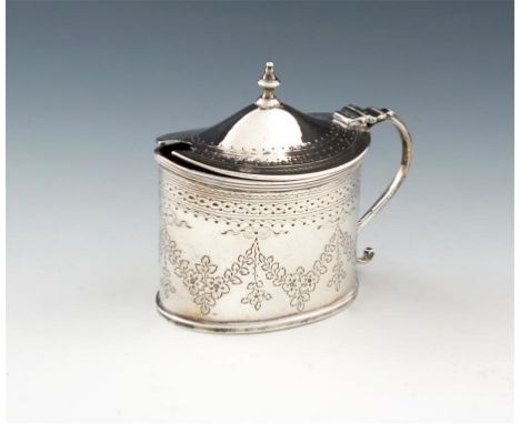 A Victorian silver mustard pot, by Charles Stuart Harris, London 1884, oval form, engraved foliate and bright-cut decoration 