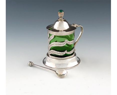 By George Hart for the Guild of Handicraft, a modern silver mustard pot and spoon, London 1993, after a design by C.R Ashbee,