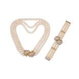 ASPREY, A CULTURED PEARL AND DIAMOND BRACELET AND SIMILAR NECKLACE