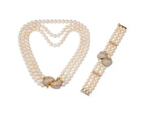 ASPREY, A CULTURED PEARL AND DIAMOND BRACELET AND SIMILAR NECKLACE LONDON 1997 AND CIRCA 1996 The bracelet composed of three 